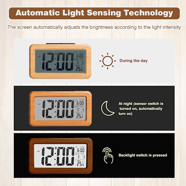 Digital väckarklocka i trä, stor LED-display, 12/24 timmars visning -XM2-