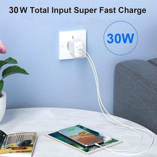 30W Snabbladdare med 2 Portar - PD20W + QC 3.0 för iPhone 16 Pro, iPhone 16 Pro Max, iPhone 16 Plus, iPhone 15 Pro, 15 Plus - Vit