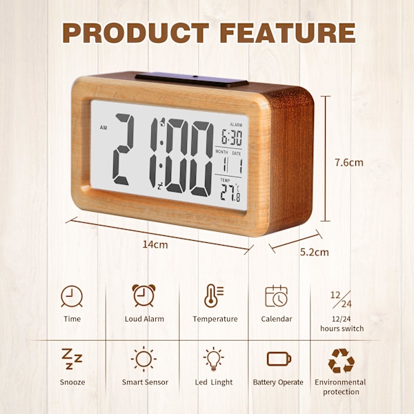 Digital väckarklocka i trä, stor LED-display, 12/24 timmars visning -XM2-
