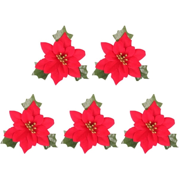 Konstgjorda julblommor röda julstjärnor glitterpulver dekor