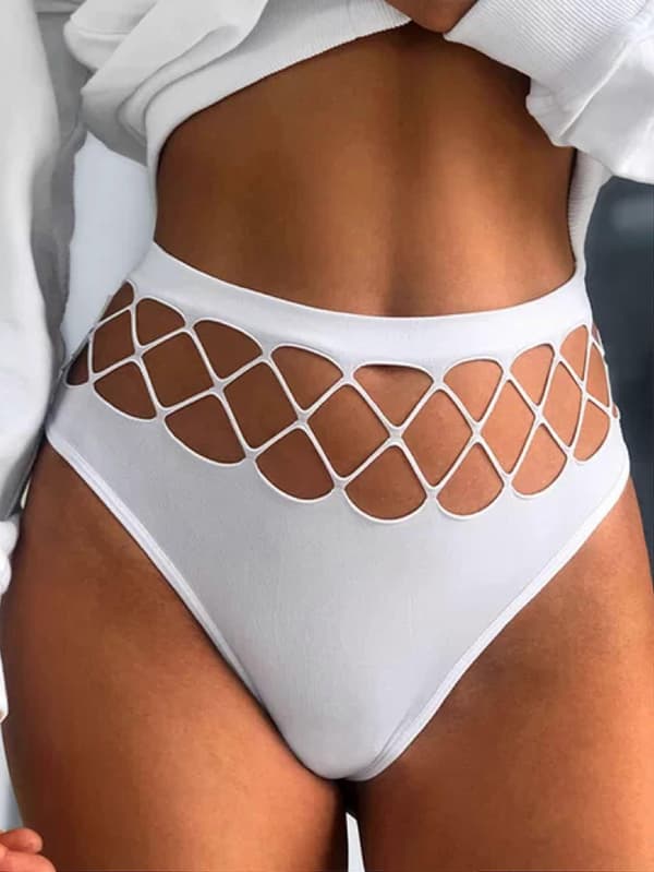 Utskårne ensfargede stringtruser, myke og komfortable elastiske intime truser, dameundertøy og underbukser White XL