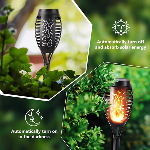4-pak solcellefakkel lanterne med flammende lys sort black