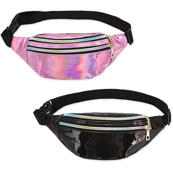 2 kpl Holografinen vyölaukku, Irimoiva Vyölaukku, Kiiltävä Vyötärölaukku Vedenpitävä Urheiluun, Matkustamiseen-X44- Black,Silver