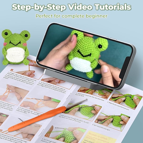 Hekle sett for nybegynnere, 3 mønsterdyr - ugle, pingvin, frosk, strikkesett for barn med trinn-for-trinn-videoveiledning og garn, heklenål, tilbehør