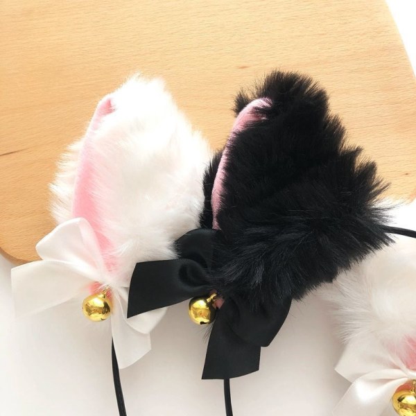 Cat Ears Pannband Spets Rosett Halsband Plysch Bell Hårband Black