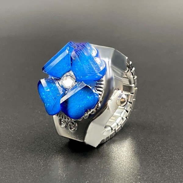 1st Punk Finger Watch Flower Flip Rhinestone Quartz ring Blue
