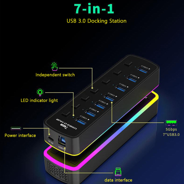 RGB USB 3.0 Hub 7-portars dataportadapter 5Gbps USB