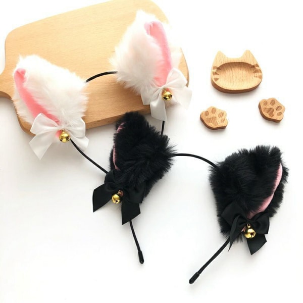 Cat Ears Pannband Spets Rosett Halsband Plysch Bell Hårband White