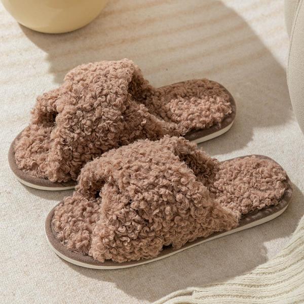 Cris-cross teddy plysch hemtofflor Brown 40-41