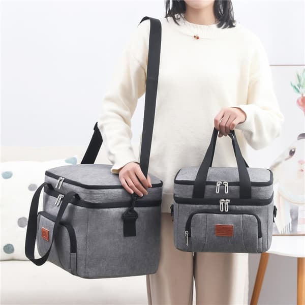 Large capacity double layer Insulated lunch bag grey L (33 * 29 * 26cm)