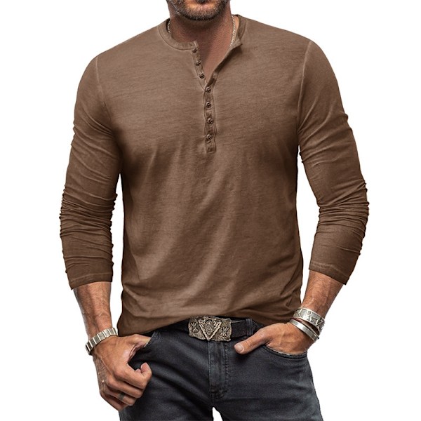 Långärmad Henley t-shirt för män i bomull dark brown Euro M