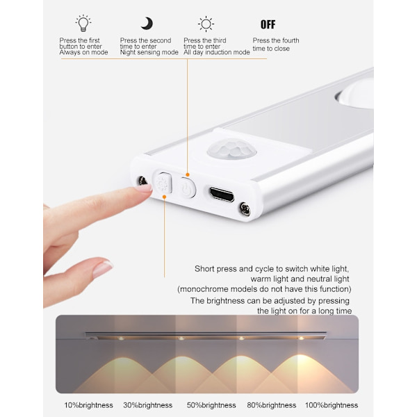 Rörelsesensor uppladdningsbar LED skåplampa - svart Black 20cm