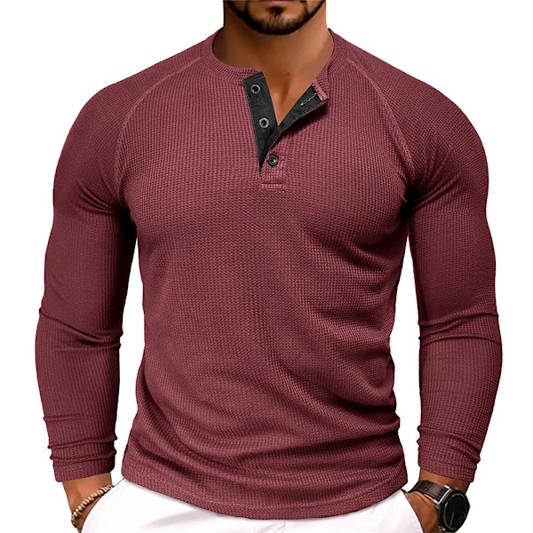 Långärmad Henley-skjorta för män wine red Euro 2XL