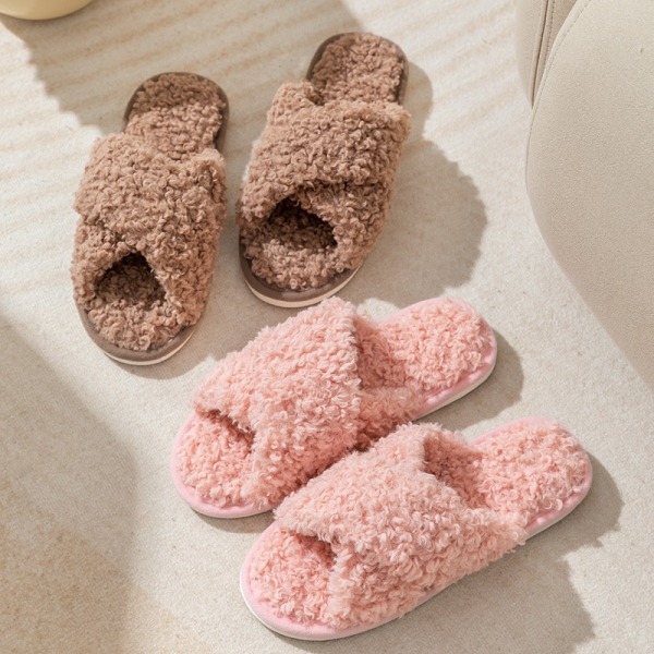 Cris-cross teddy plysch hemtofflor Pink 38-39