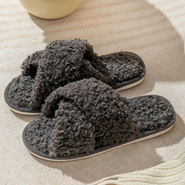 Cris-cross teddy plysch hemtofflor Dark grey 40-41 