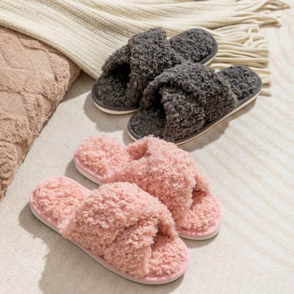 Cris-cross teddy plysch hemtofflor Pink 38-39