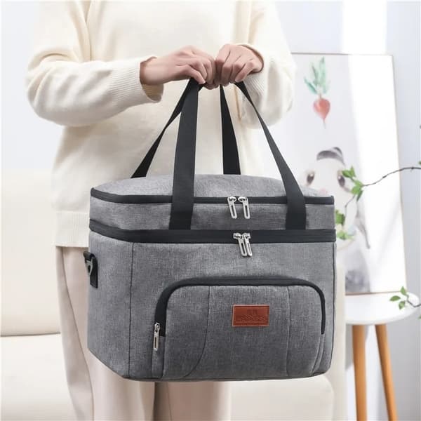 Large capacity double layer Insulated lunch bag navy L (33 * 29 * 26cm)