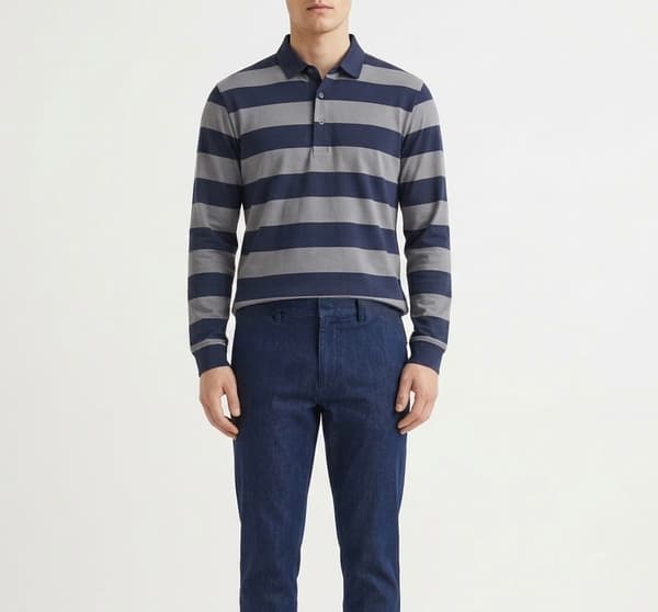 Randig pikétröja för män med lång ärm Style 1
