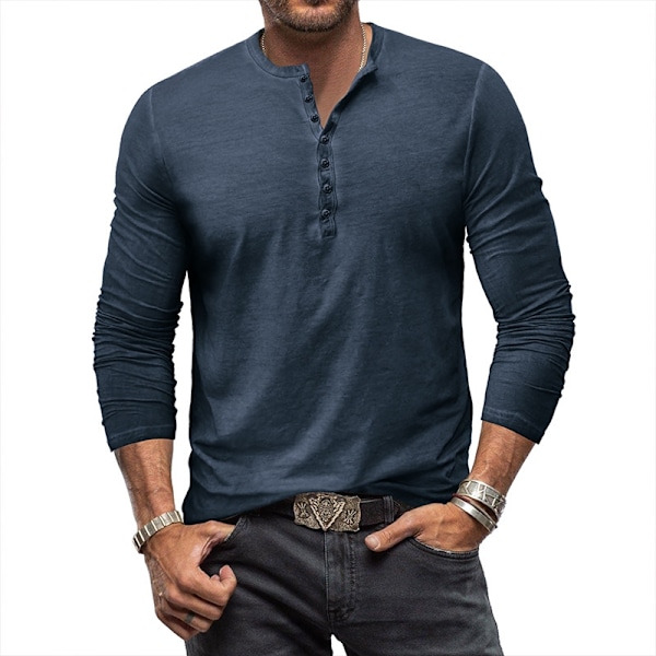 Långärmad Henley t-shirt för män i bomull navy Euro XL