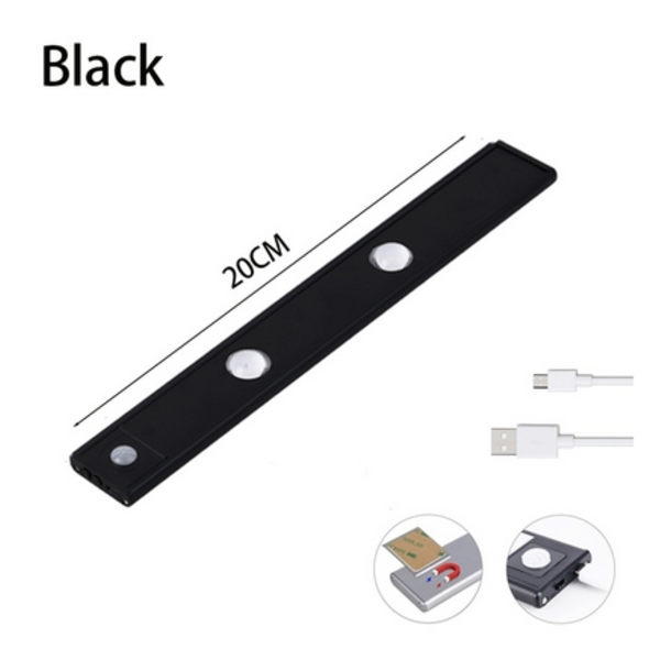 Rörelsesensor uppladdningsbar LED skåplampa - svart Black 20cm