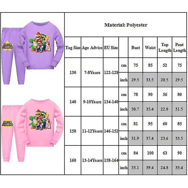 7-14 år Barn Gutter Jenter Super Mario Pyjamas Langermet T-skjorte Bukser Nattøy Pjs Sett Antrekk Gaver Pink 9-10Years