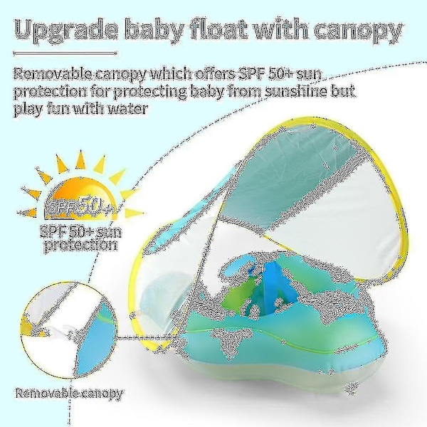 Baby Pool Float Med Upf50+ Solskyddstaket, Lägg Till Svans Aldrig Vändbar Uppblåsbar Baby Float För Småbarn 3-48 Månader (blå) S