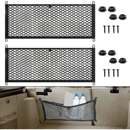 2 overdimensionerede 60x25 cm opbevaringsnet til bil, autocamper, båd, justerbar elastisk netpose med skruer
