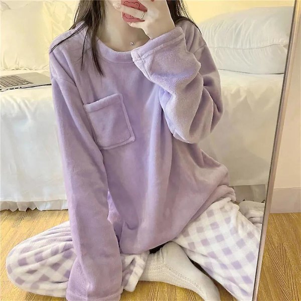 Ny varm flanell pyjamas Kawaii Sanrioed Höst Vinter Kuromi Flickor Sovkläder Set Tecknad Cinnamoroll Hemkläder Kläder för kvinnor purple L(50-57.5kg)