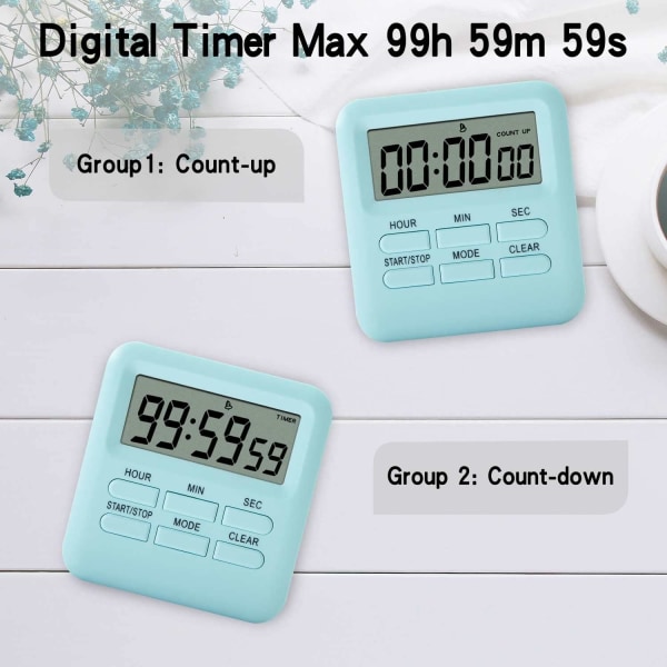 Digital timer med klokkealarmfunksjon, magnetisk bakside digital kjøkkentimer,