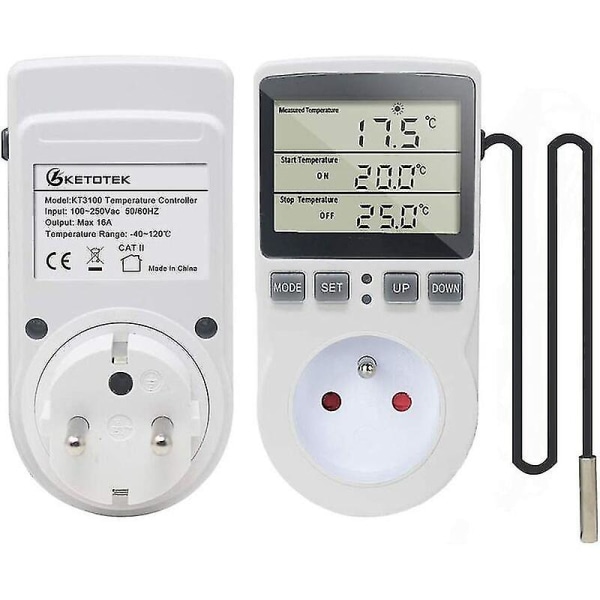 Plug-in Termostat Digital Temperaturregulator Uppvärmning Kylning Med Sonda, LCD Plug Temperaturregulator Timer För Akvarium Inkubator Växthus