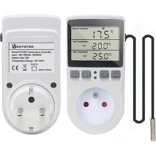 Pluggbar termostat, digital temperaturregulator for oppvarming og kjøling med sensor, LCD-plugg temperaturregulator timer for akvarium, inkubator, drivhus