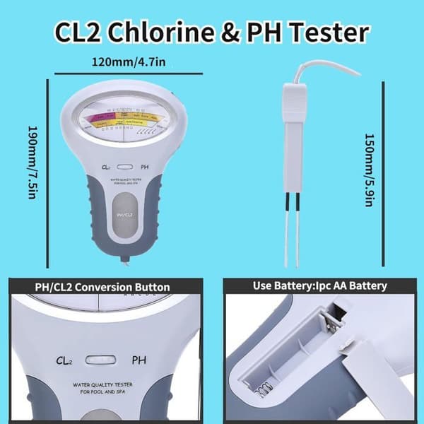 CL2 Klor- og pH-tester, Multifunktionel LCD Digital Tester, Klorniveau-tester med probe, Til swimmingpools og spabade