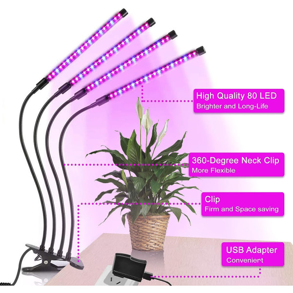 Kasvilämmittimen lampun täyttövalo 4-klipsinen punainen sininen himmentävä koko spektrin kasvuvalo kaukosäätimellä, neljän putken USB kasvien lamppu (EU-asetus)