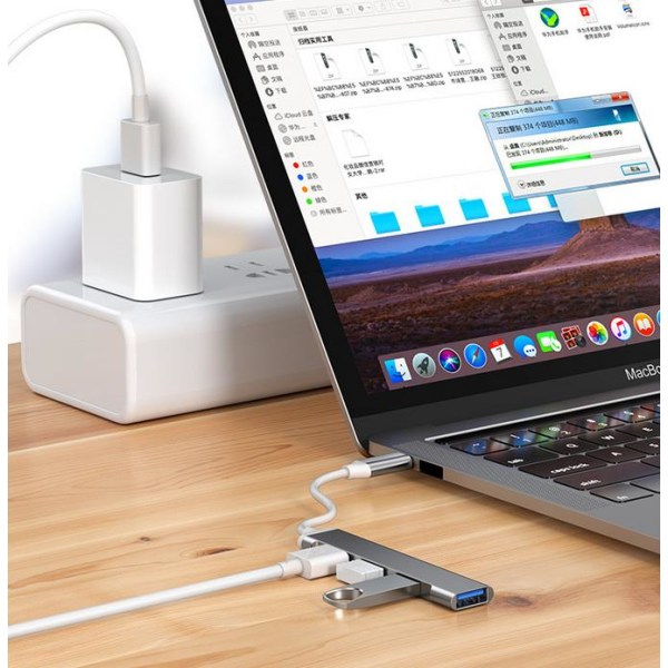 Två-i-ett typ-c en till fyra + USB-hane adapter grå