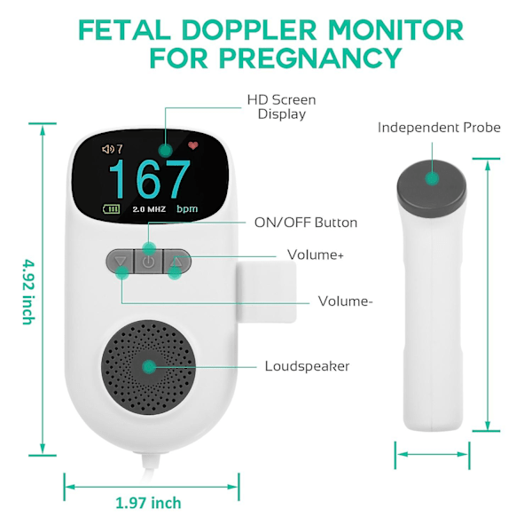 Fetal Doppler Säker & Pålitlig LCD-Skärm Högkänslig Ultraljudsdisplay FHR Inbyggd Högtalare BT