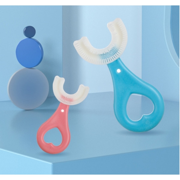 Sæt med 2 U-formede manuelle silikonetandbørster til 2-6 år gamle blå og lyserøde