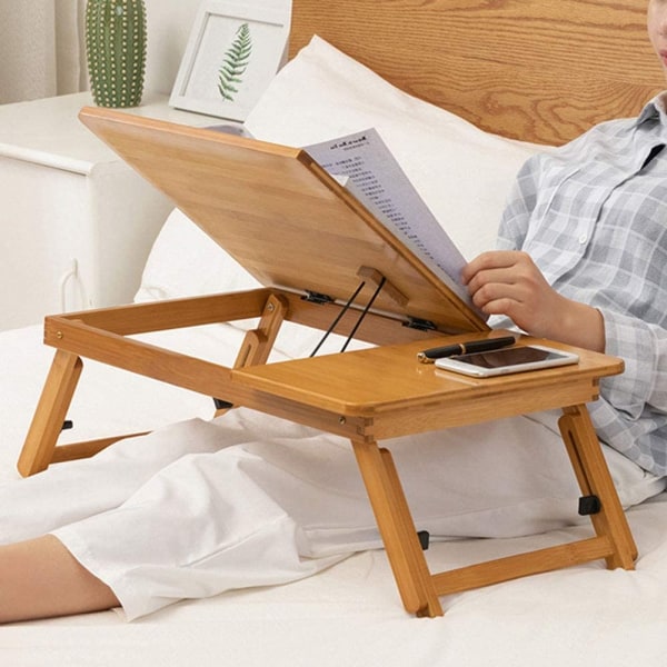 Sengebord-nettbrett, bærbart sengebord, leselys i bambus