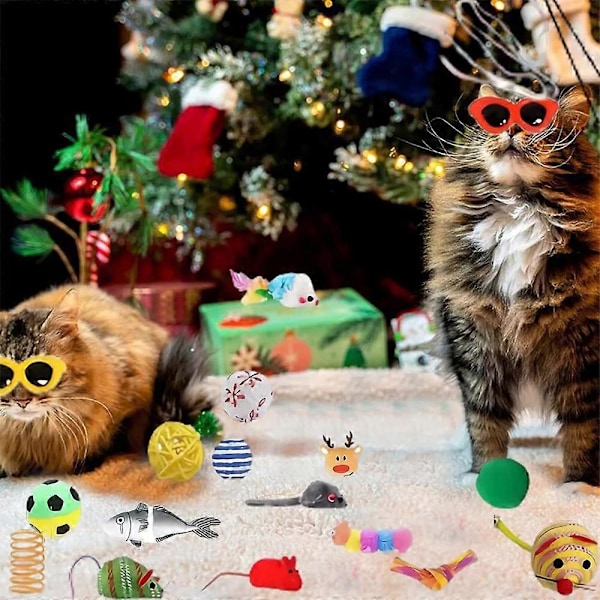 2024 Julkalender med katt-leksaker, Blind Box, 24 dagars nedräkning till jul, 24 st julklappar, kattfjäderleksak och bollklockor för kattungar