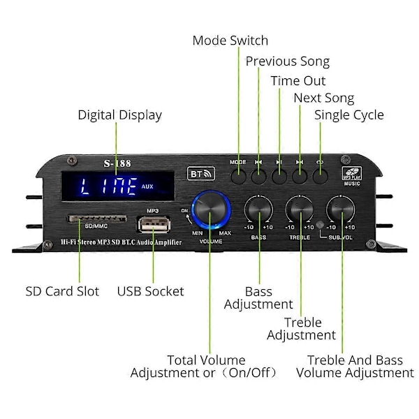 90W S-188 Bluetooth Stereo HiFi Forstærker 2.1 CH Audio Effektforstærker Bas Diskant Kontrol Musik Pl