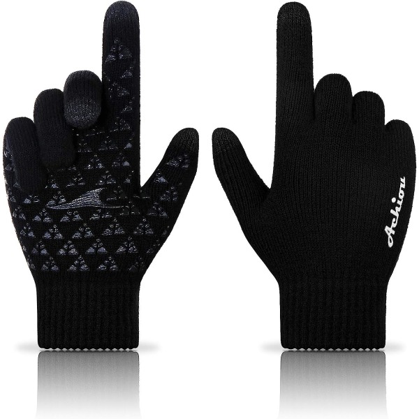 Vinterstickade handskar pekskärm för att hålla varma, mjuka elastiska muddar (svarta)
