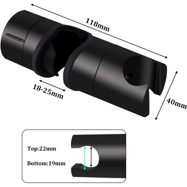 Bruseholder. Universal sort brusehovedholder til 18-25 mm bruserstænger, lavet af fortykket solid ABS og forbedret version. Mat sort.