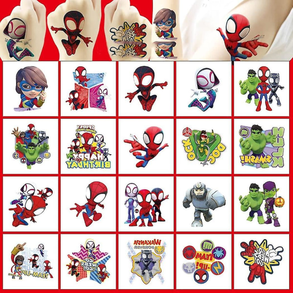 20 ark Marvel Spidey og hans fantastiske venner Midlertidige tatoveringer klistermærker Fødselsdagsfest tilbehør Anime tegneserie falske tatoveringer klistermærker Fest favoriserer Fo