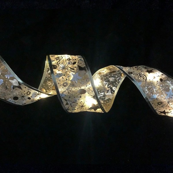 Julgransdekoration med 1 LED-lysande julgransbälte - (3,8cm - guldband - vit)1m 10 lampor