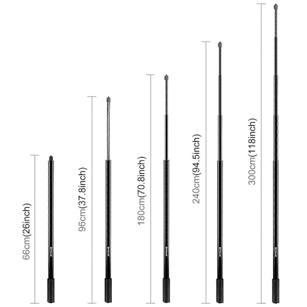 PULUZ 3m Metallinen Selfie-keppi Monopod Insta360 One RS / X2 / X3 / X4 -kameroille (Musta)