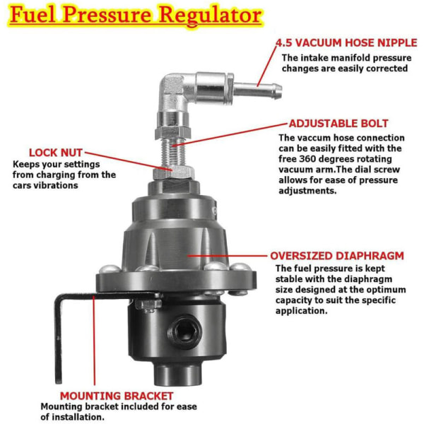 Høyytelses drivstofftrykkmåler for biler Justerbar drivstofftrykkregulator - svart