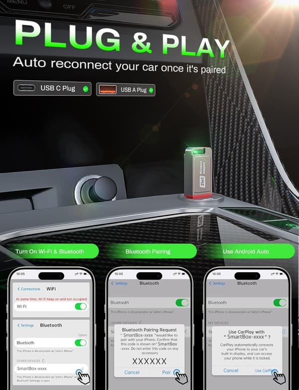 2025 Seneste Model 2-i-1 Trådløs CarPlay-adapter Understøtter Apple CarPlay & Android Auto, Mini Bluetooth USB A & USB C Dongle Konverterer Kablet