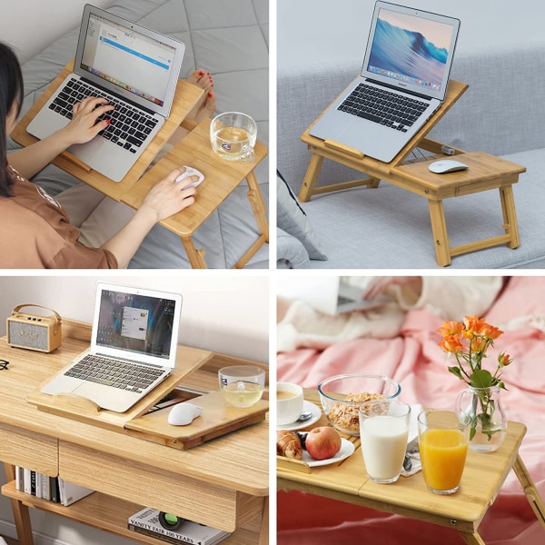 Sengebord-tablet, sengebord til bærbar computer, læselys i bambus
