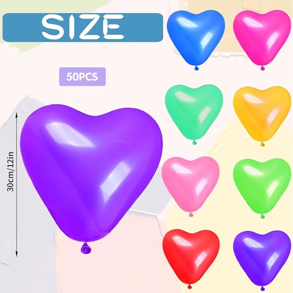 Pakke med 50 hjerteballonger i forskjellige farger, 12 tommers lateksballonger