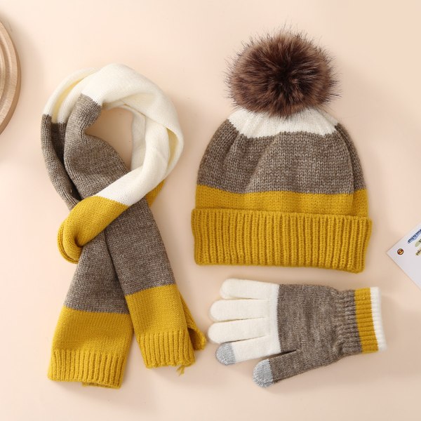 Varm vinterdräkt för barn plus sammetsmössa, handskar och halsduk i tre set som passar 8-15 år Yellow coffee color