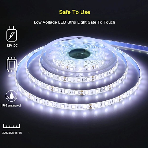 LED-remsa 12V Kallvit LED-remsa 6000K, inomhus LED-remsa, 5 meter flexibel 300 lysdioder